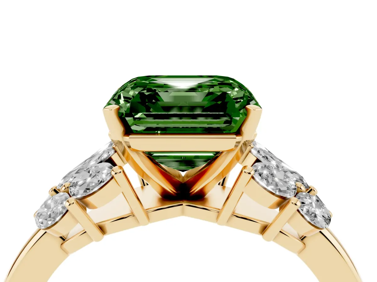 Fancy Green Asscher Cut Diamond Cluster Leaf Design Ring with Prong Setting Yellow gold