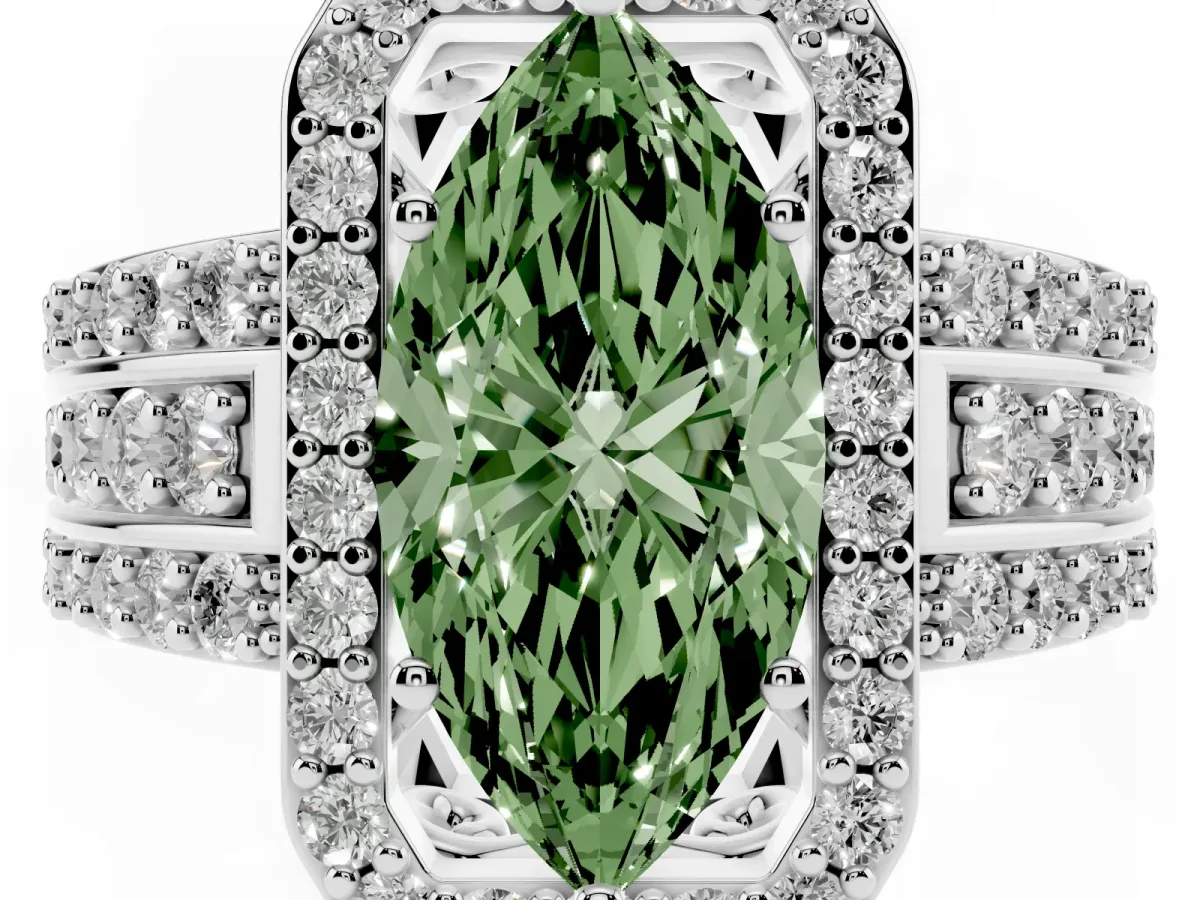 Fancy Green Marquise Cut Halo Diamond Ring with Round Split Shank and Prong Setting Silver