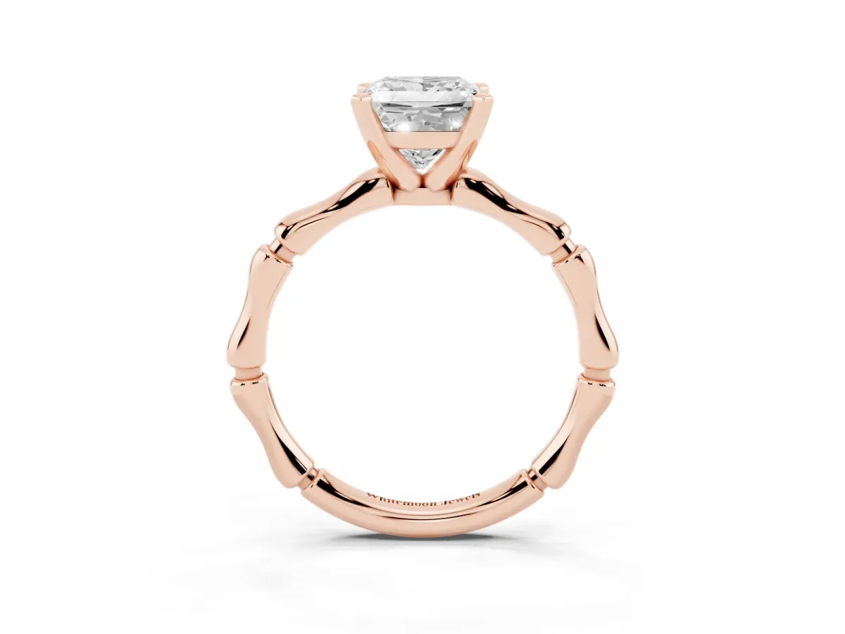 Princess Cut Solitaire Diamond Ring with Bamboo Band and Four-Prong Setting Rose gold