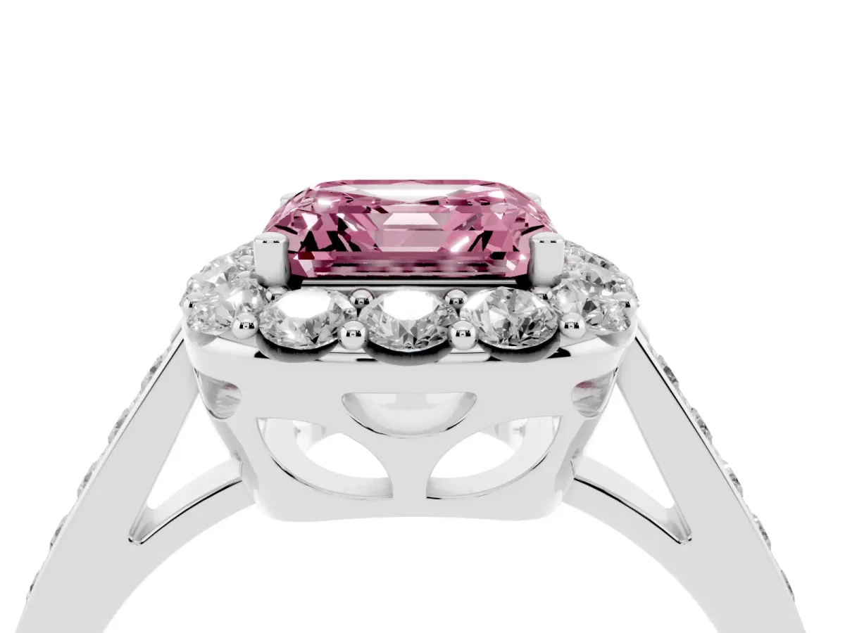 Fancy Pink Asscher Cut Diamond Floral Halo Ring with Pavé Band and Prong Setting Silver