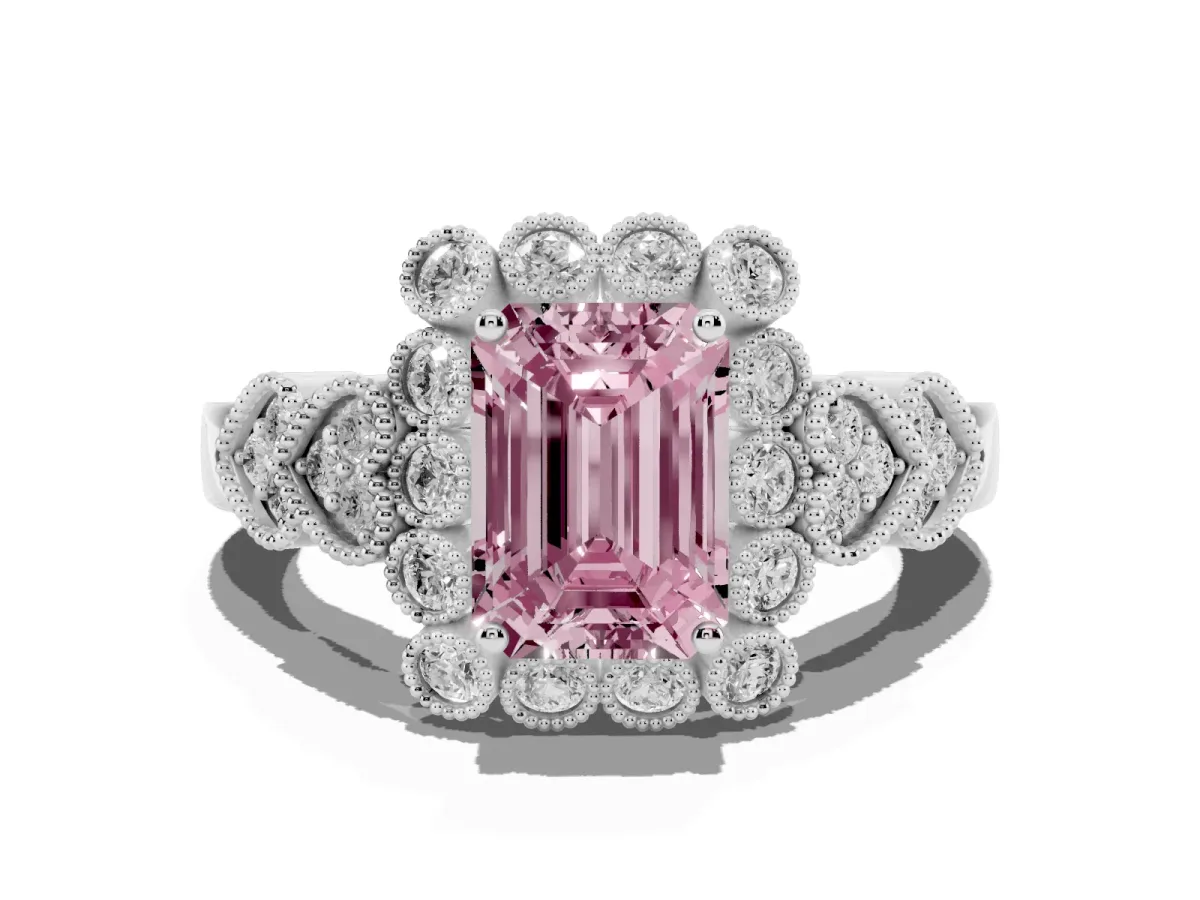 Fancy Pink Emerald Cut Brilliant Milgrain Pave Heart Band Solitaire Ring Silver