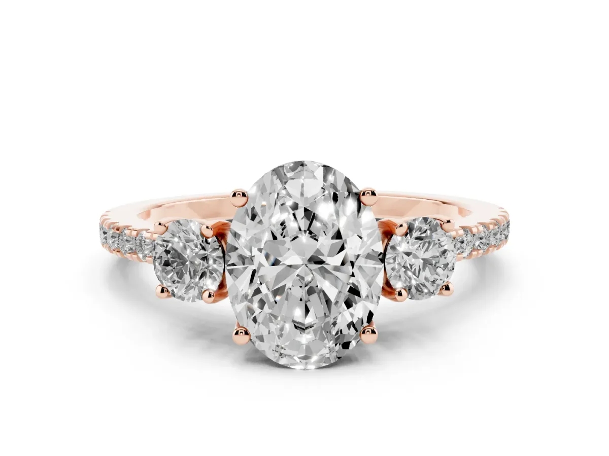 Three-Stone Oval Cut Cut Diamond Pavé Band with Prong Setting Rose gold