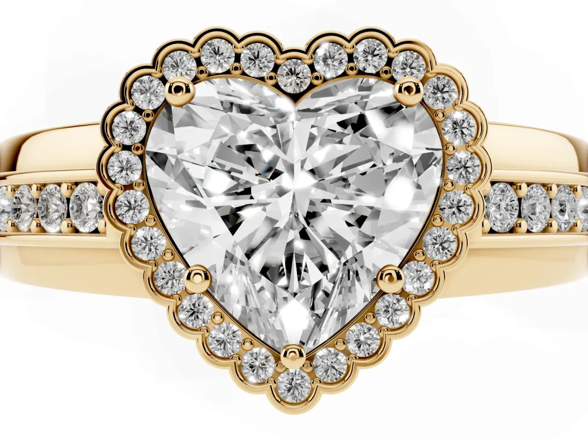 Heart Cut Cut Halo Pave Band Four-Prong Ring Yellow gold