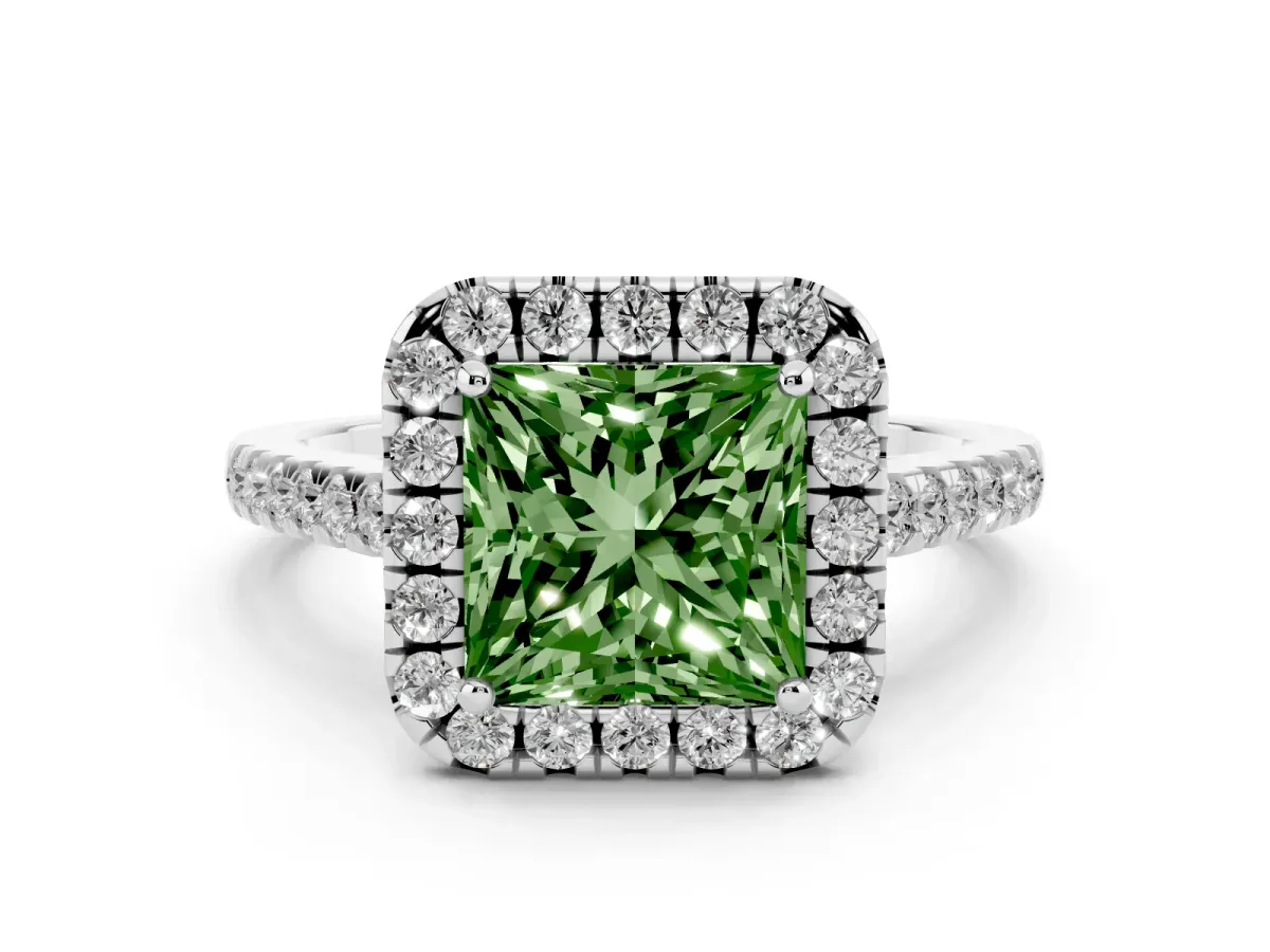Fancy Green Princess Cut Halo Pavé Diamond Engagement Ring with Four-Prong Setting Silver