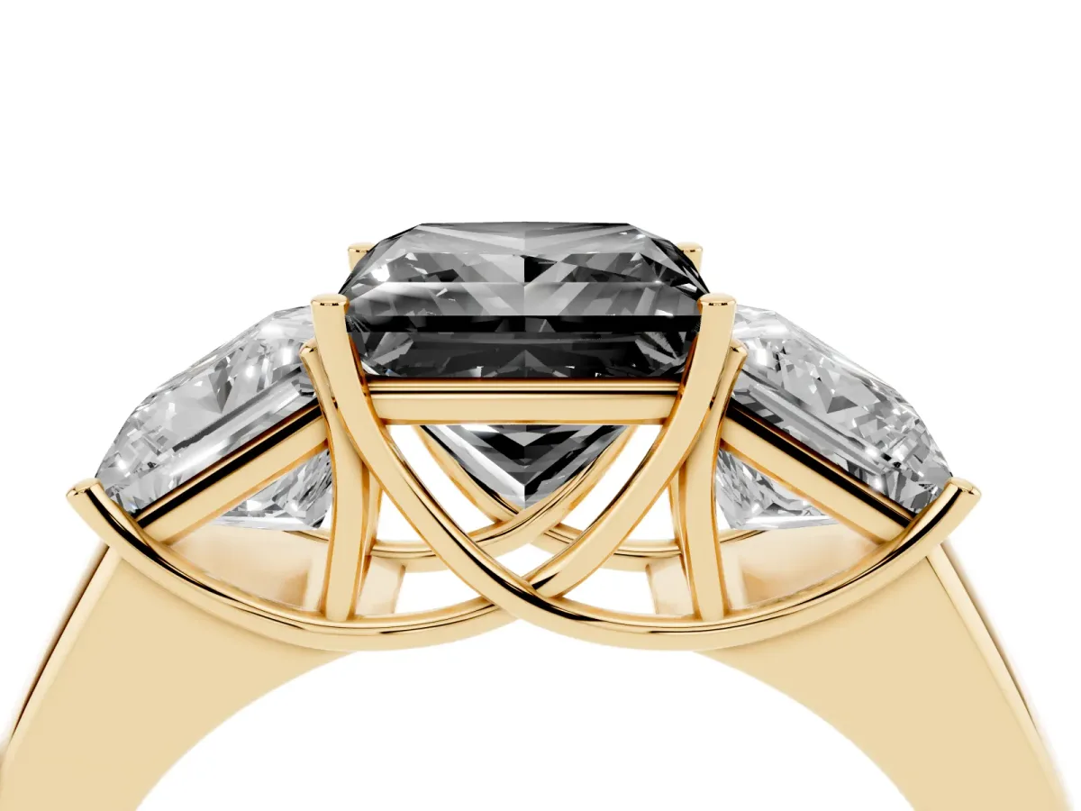 Fancy Black Three-Stone Princess Cut Cut Diamond Ring with Prong Setting and Classic Band Yellow gold