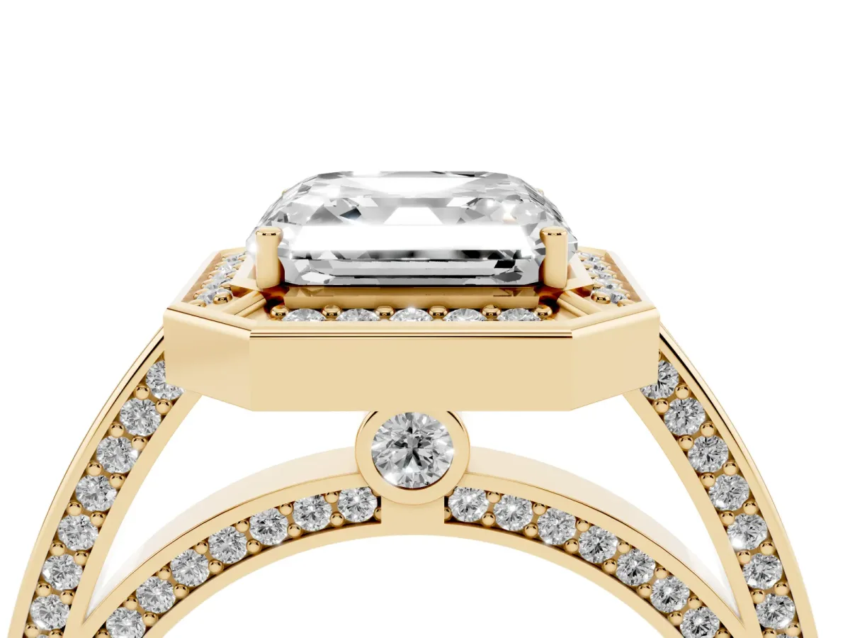 Asscher Cut Cut Halo Pave Split Shank Prong Setting Ring Yellow gold