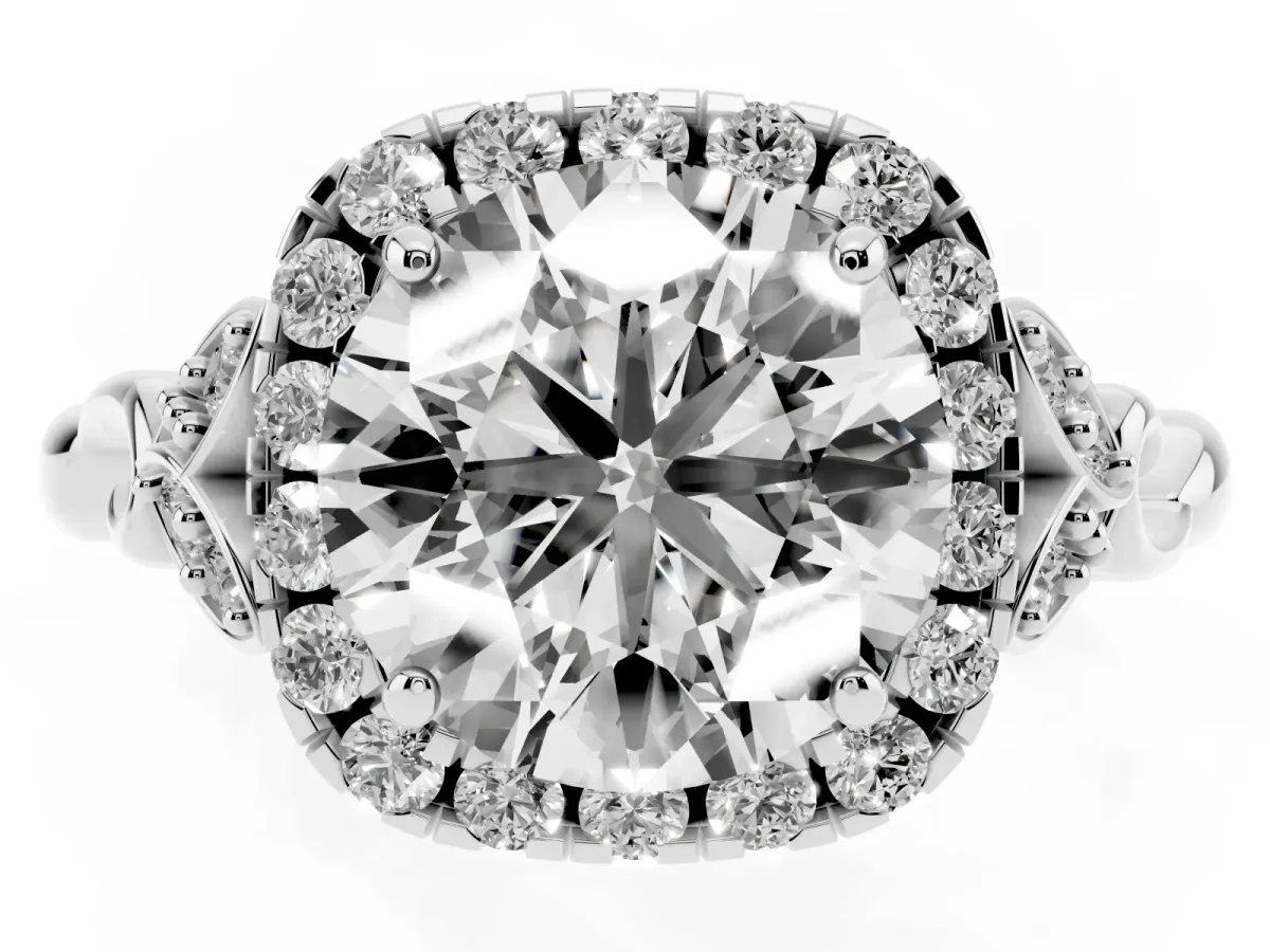Round Cut Halo Diamond Engagement Ring with Vintage-Inspired Band and Four-Prong Setting Silver