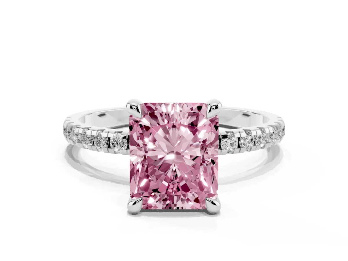 Fancy Pink Radiant Cut Diamond Brilliant Solitaire Ring with Pavé Band and Four-Prong Setting Platinum