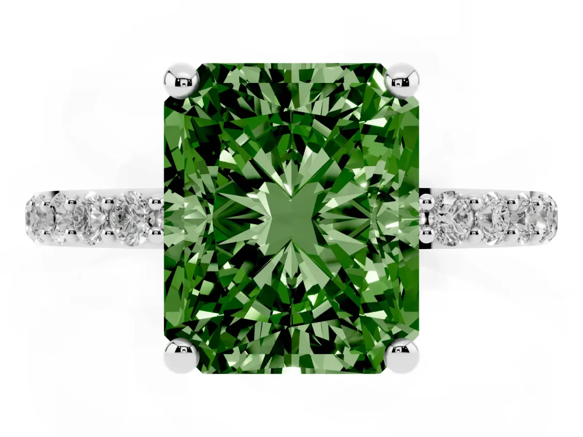 Fancy Green Radiant Cut Diamond Solitaire Ring with Round Pavé Band and Prong Setting Silver