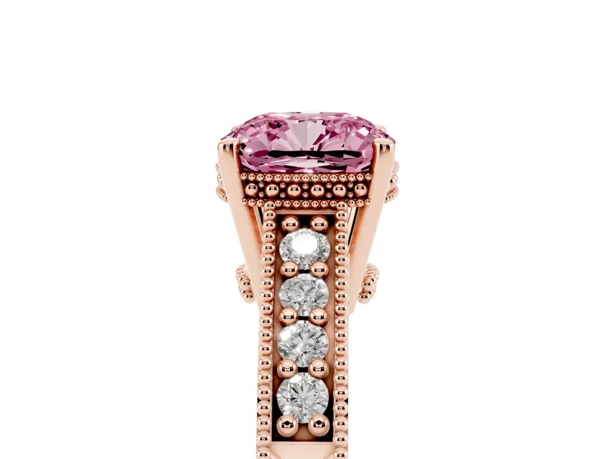 Fancy Pink Cushion Cut Solitaire Pavé Diamond Milgrain Engagement Ring with Four-Prong Setting Rose gold