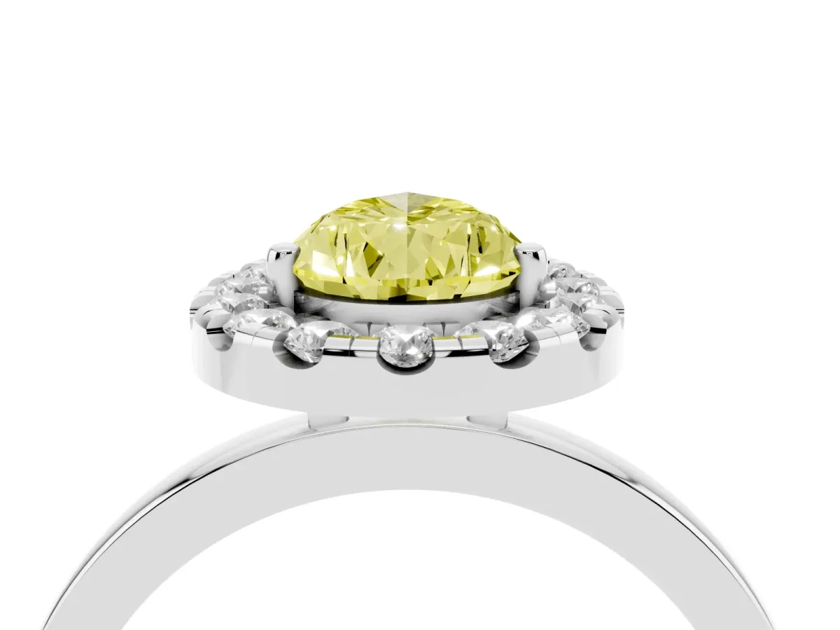 Fancy Yellow Pear Cut Halo Diamond Solitaire with Pavé Band and Four-Prong Setting Silver