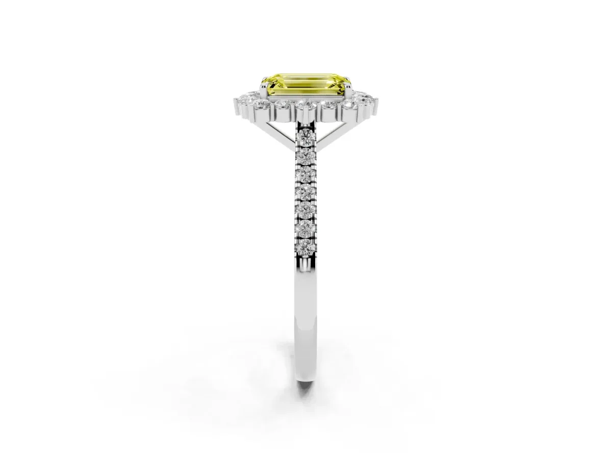 Fancy Yellow Emerald Cut Halo Diamond Ring with Pavé Band and Prong Setting Silver