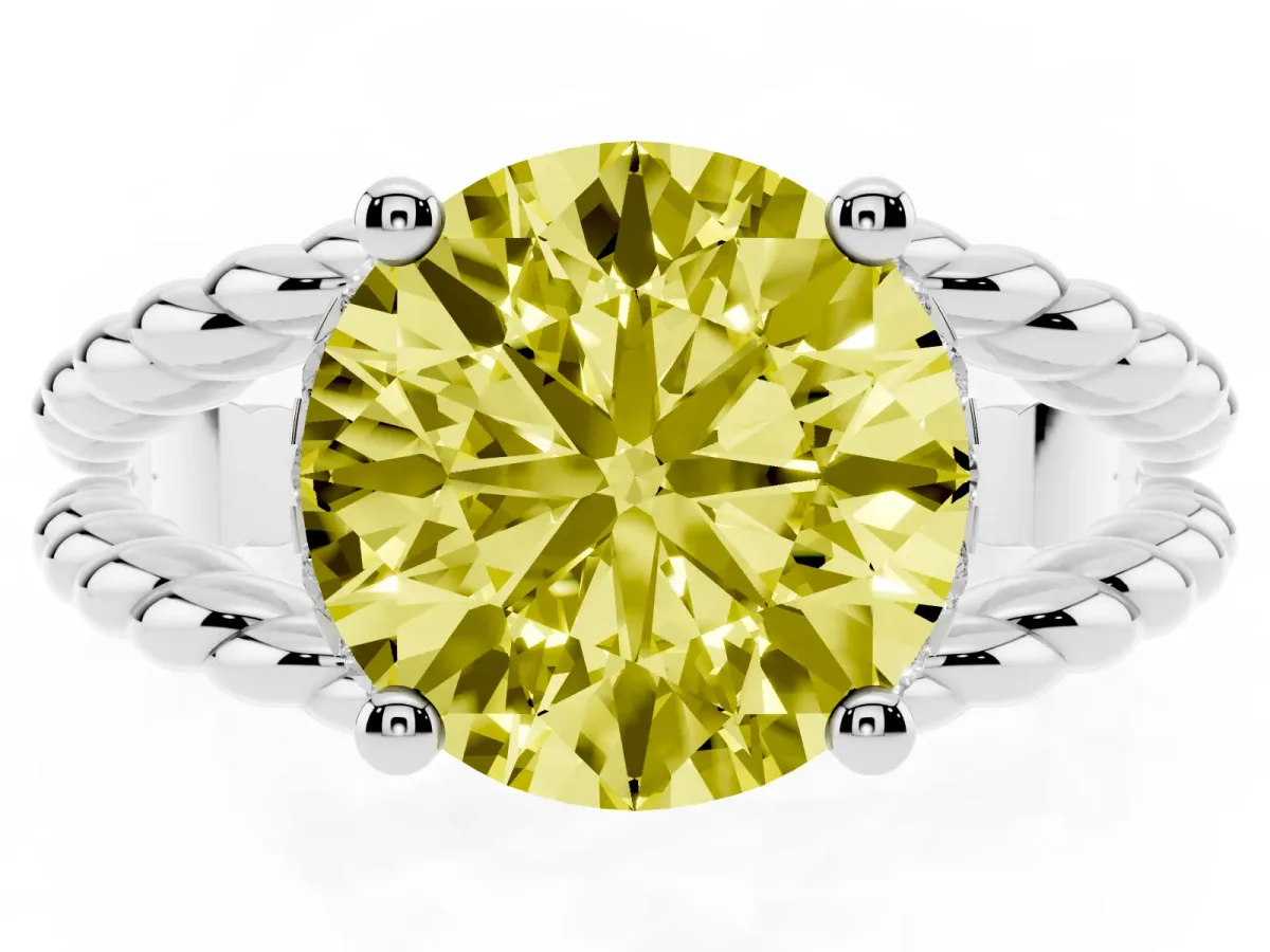 Fancy Yellow Round Cut Halo Twisted Band Four-Prong Ring Silver