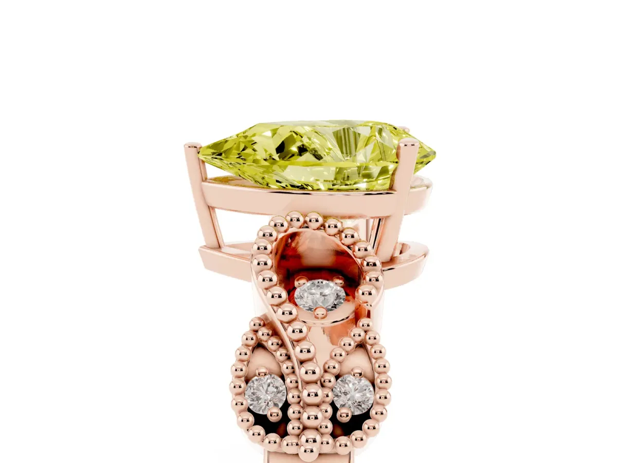 Fancy Yellow Pear Cut Solitaire Milgrain Leaf Band with Prong Setting Rose gold