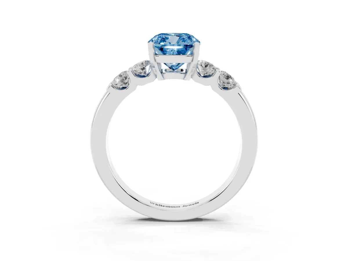 Fancy Blue Cushion Cut Brilliant Cut Diamond Five-Stone Prong Set Engagement Ring with Channel Band White gold
