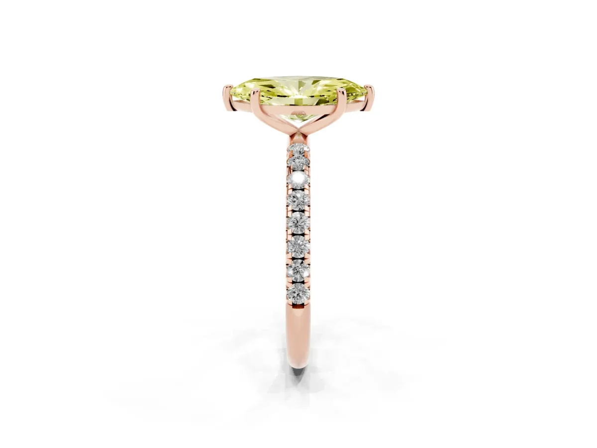 Fancy Yellow Marquise Cut Cut Diamond Solitaire Ring with Micro Pave Band and Four Prong Setting Rose gold