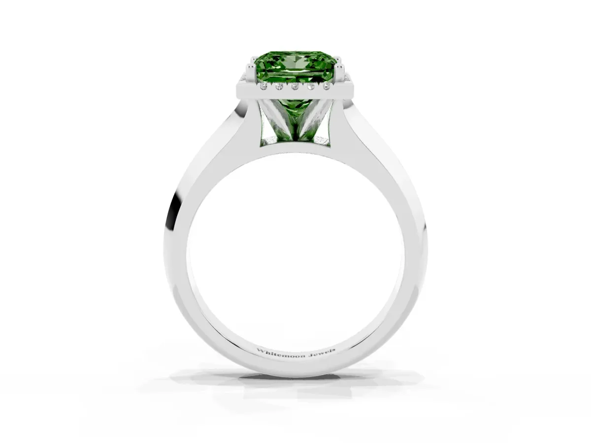 Fancy Green Princess Cut Halo Diamond Ring with Cathedral Band and Four-Prong Setting White gold