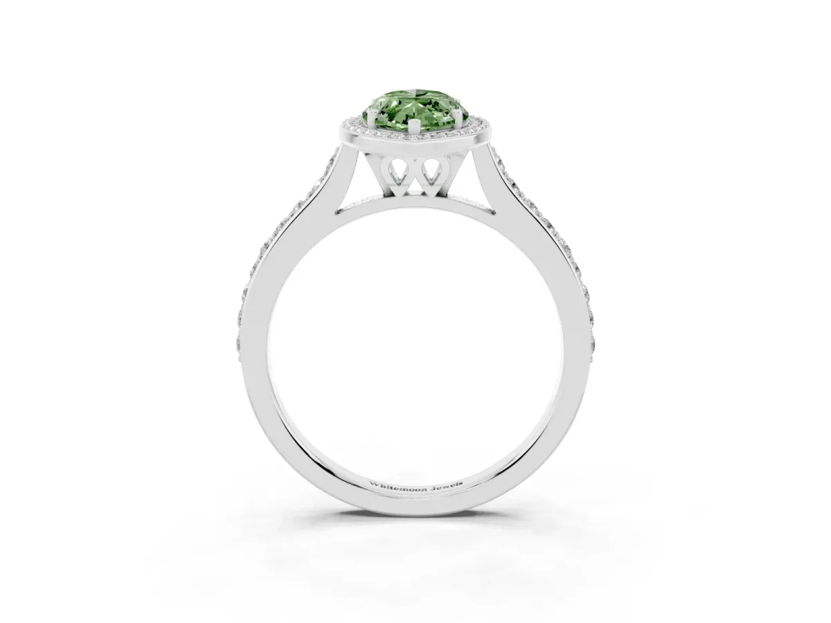 Fancy Green Marquise Cut Diamond Halo Engagement Ring with Round Pavé Shoulders and Prong Setting White gold