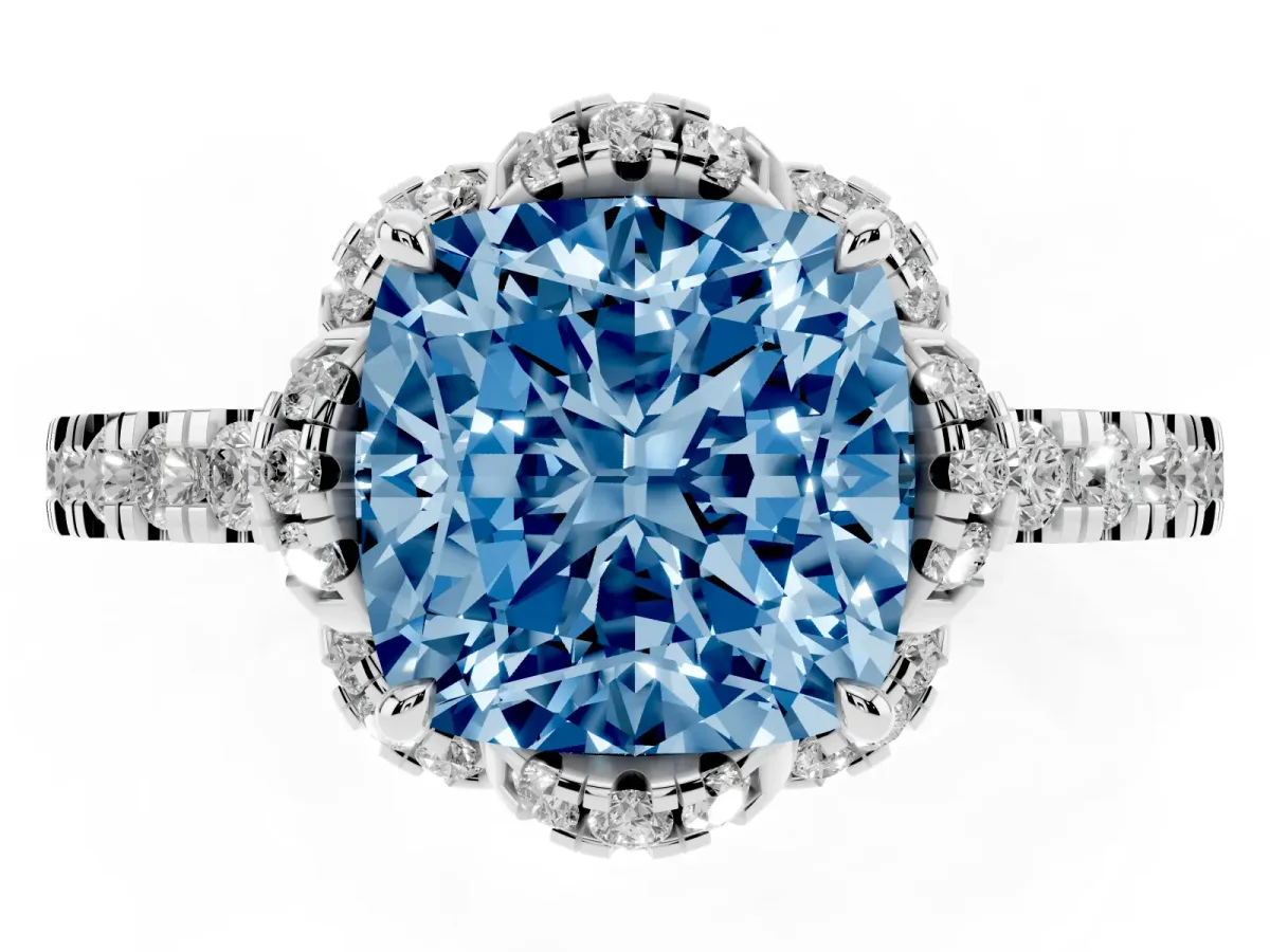 Fancy Blue Cushion Cut Halo Diamond Pave Band Ring with Four-Prong Setting Silver