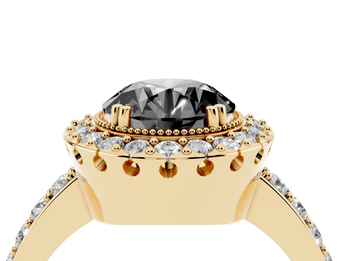 Fancy Black Round Cut Diamond Halo Ring with Pavé Band and Prong Setting Yellow gold