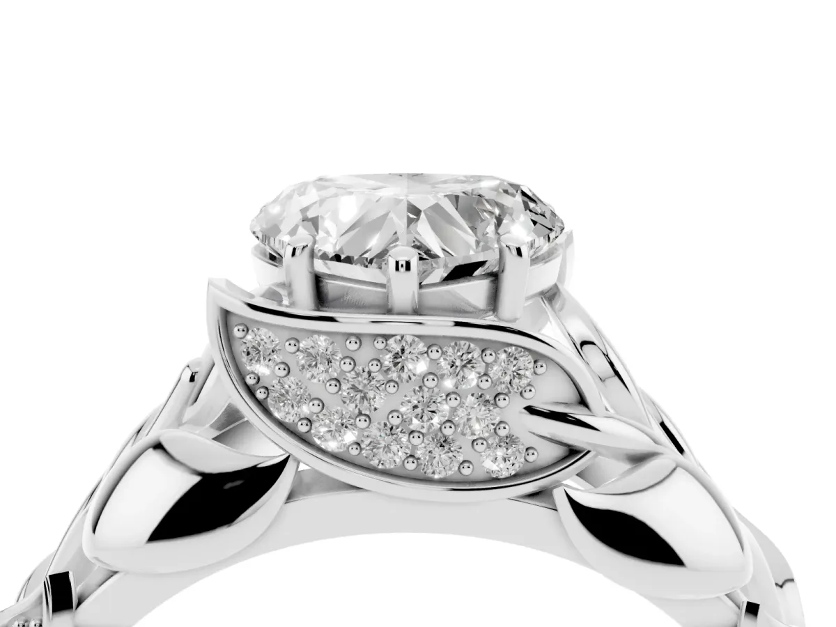 Heart Cut Diamond Leaf-Inspired Engagement Ring with Round Accents and Prong Setting Silver