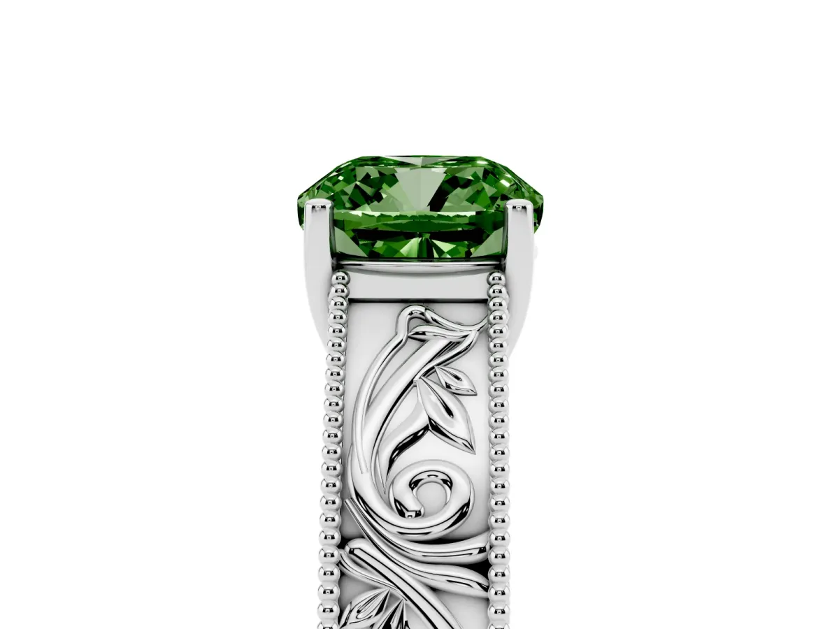 Fancy Green Cushion Cut Diamond Solitaire Ring with Engraved Band and Four-Prong Setting White gold