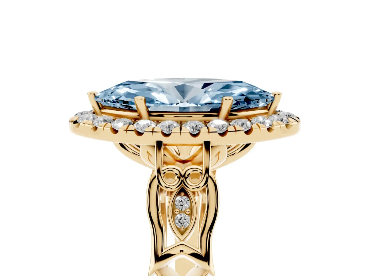 Fancy Blue Marquise Cut Halo Diamond Engagement Ring with Filigree Band and Four-Prong Setting Yellow gold