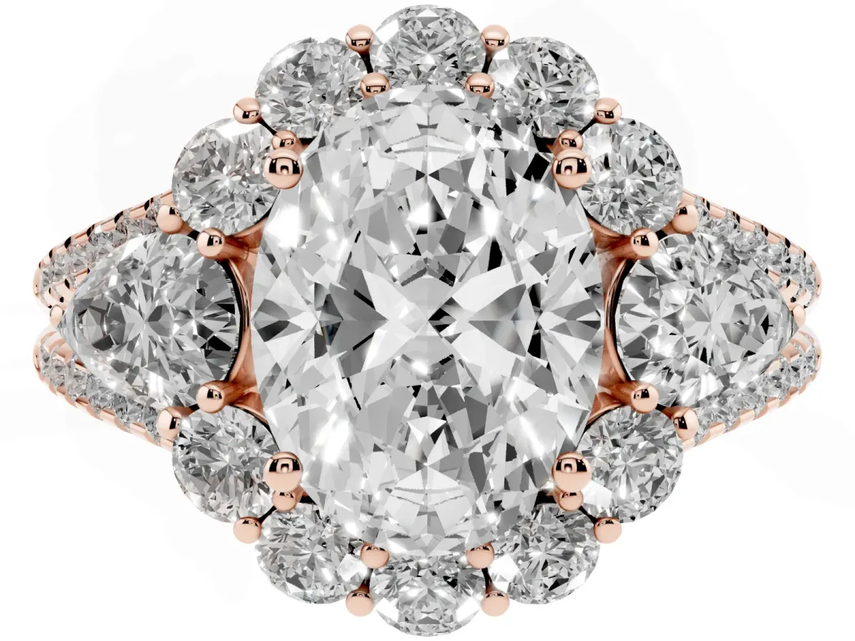 Oval Cut Halo Split Shank Diamond Engagement Ring with Prong Setting Rose gold