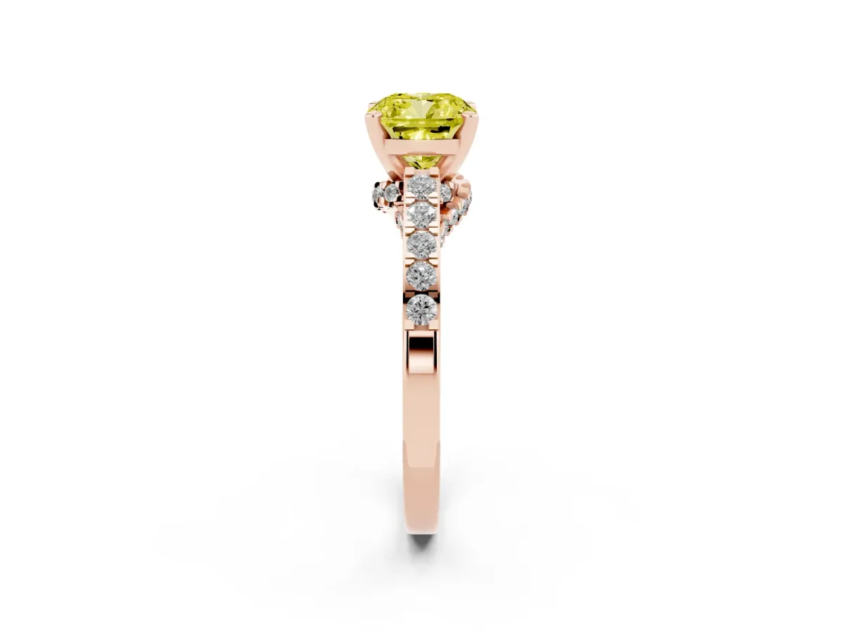 Fancy Yellow Cushion Cut Diamond Solitaire Ring with Crossover Gallery and Round Pavé Band Rose gold
