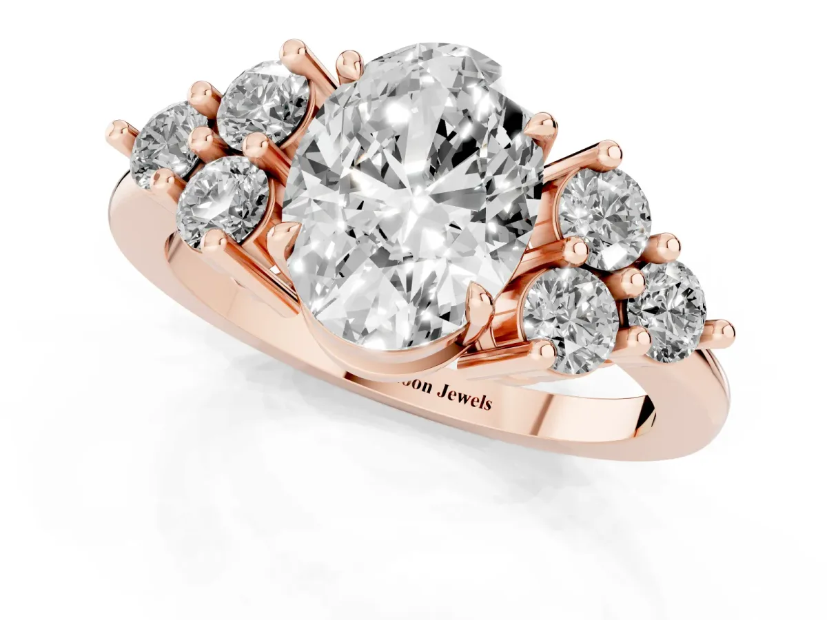 Oval Cut Brilliant Diamond Cluster Accent Solitaire Ring with Prong Setting Rose gold