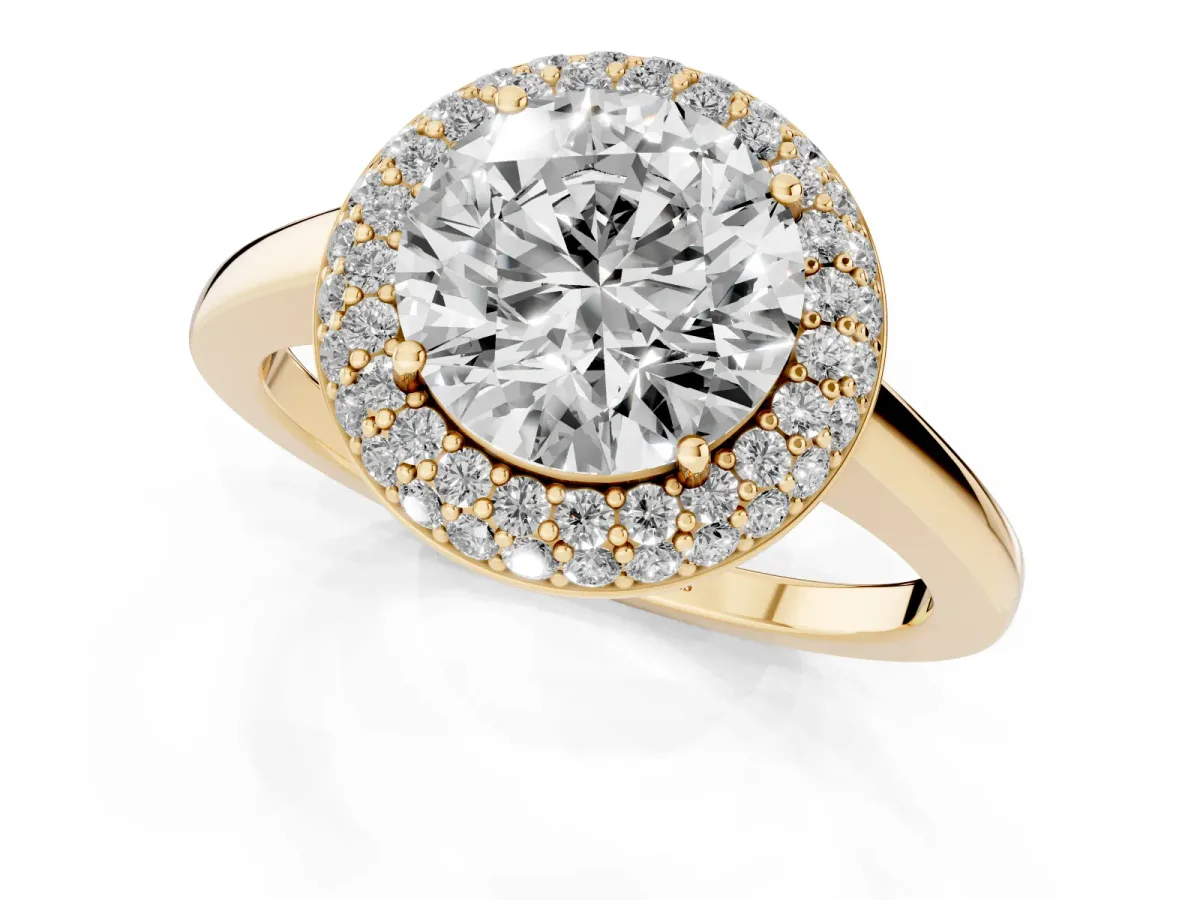Round Cut Halo Diamond Engagement Ring with Solitaire Band and Four-Prong Setting Yellow gold