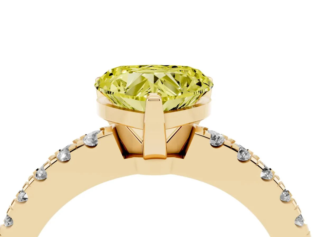 Fancy Yellow Heart Cut Solitaire Diamond with Pavé Band and Four-Prong Setting Yellow gold