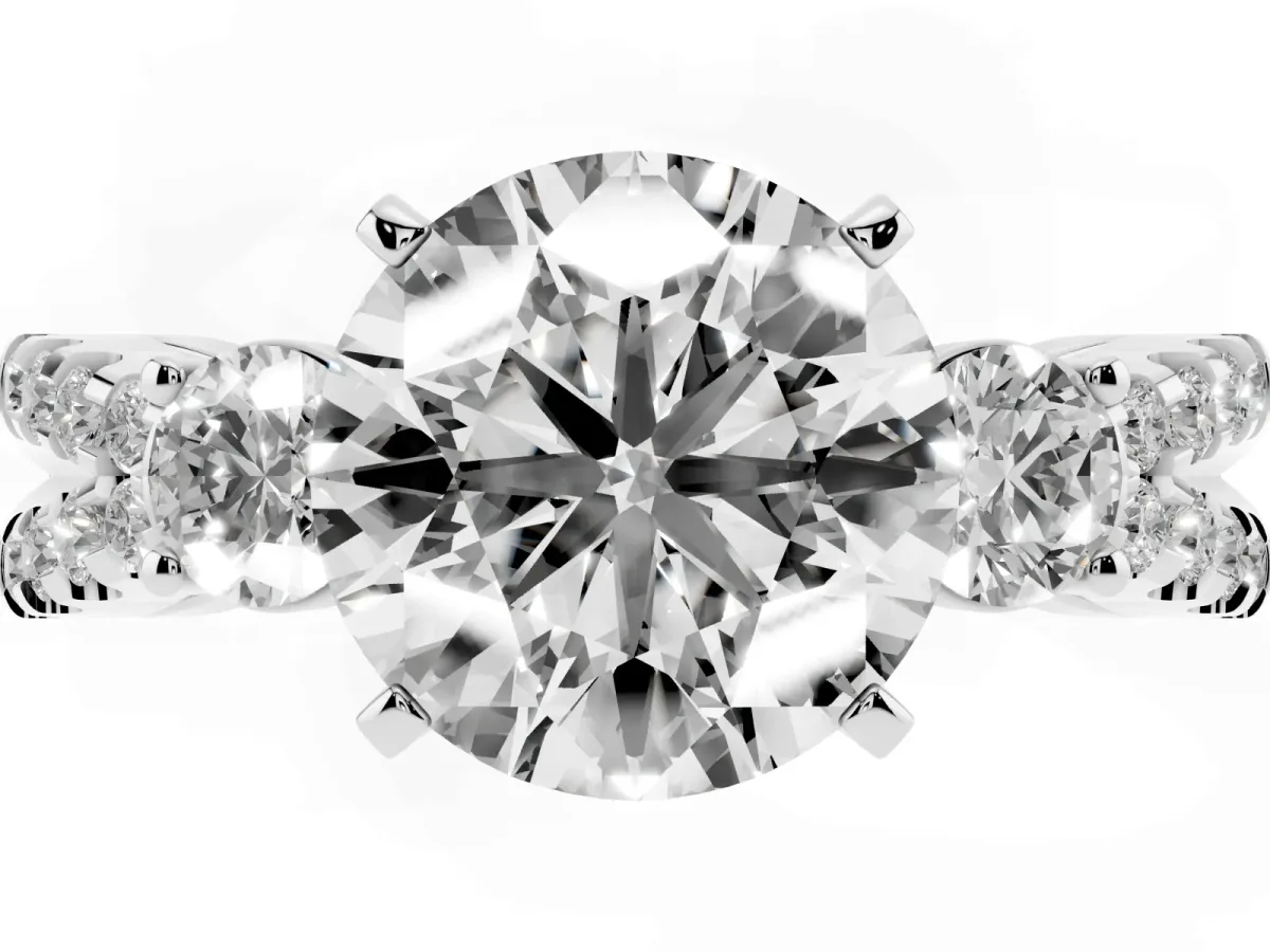 Round Cut Diamond Three-Stone Ring with Pavé Split Shank and Four-Prong Setting White gold