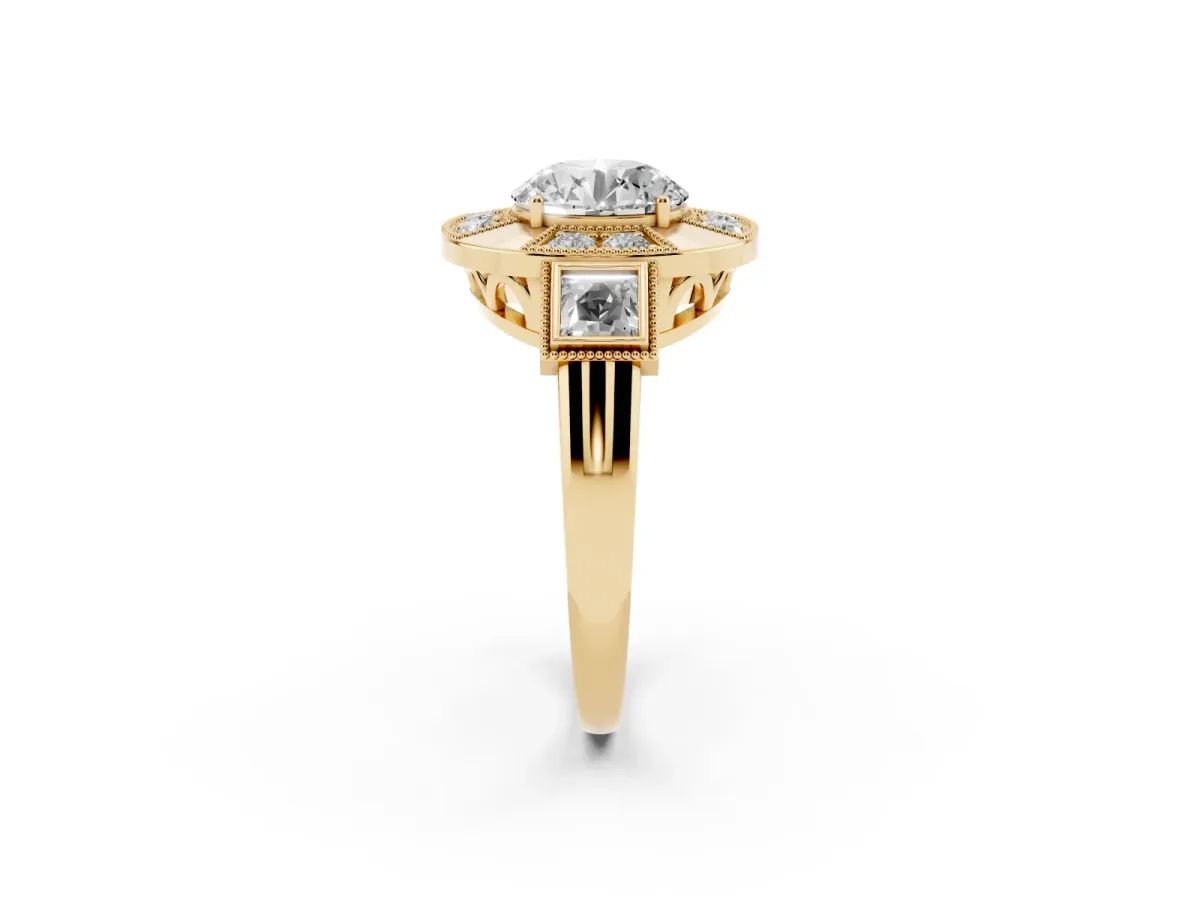 Milgrain Round Cut Diamond Halo Split Shank Ring Yellow gold
