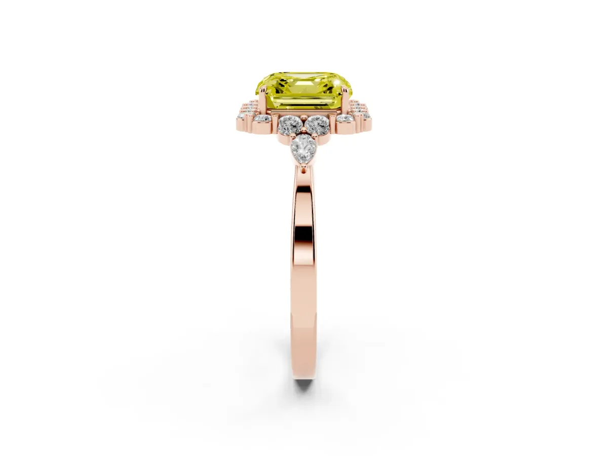 Fancy Yellow Asscher Cut Diamond Halo Ring with Pear Side Stones and Prong Setting Rose gold