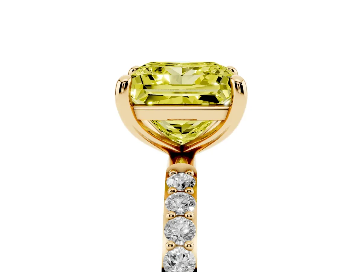 Fancy Yellow Princess Cut Diamond Solitaire Ring with Round Pavé Band and Prong Setting Yellow gold