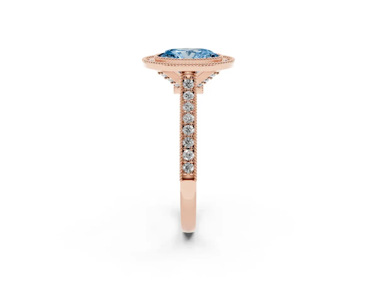 Fancy Blue Halo Oval Cut-Cut Diamond Pave Band Milgrain Prong Setting Ring Rose gold