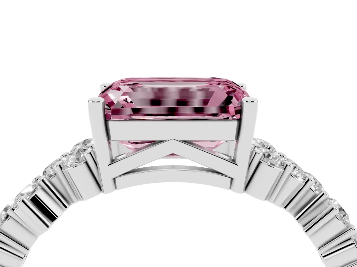 Fancy Pink Emerald Cut Diamond Scattered Round Accent Ring with Prong Setting Silver