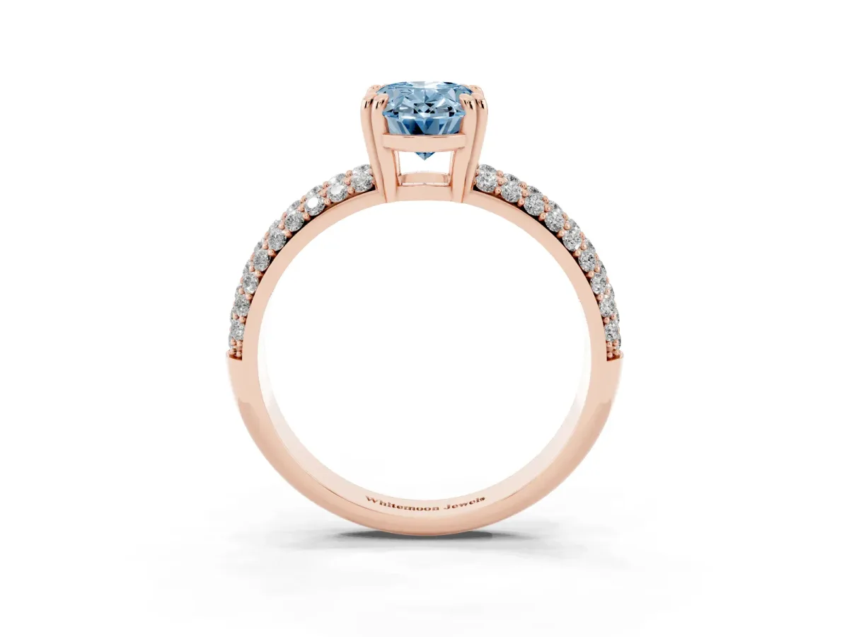 Fancy Blue Oval Cut Diamond Solitaire Ring with Multi-Row Round Pavé Band and Prong Setting Rose gold