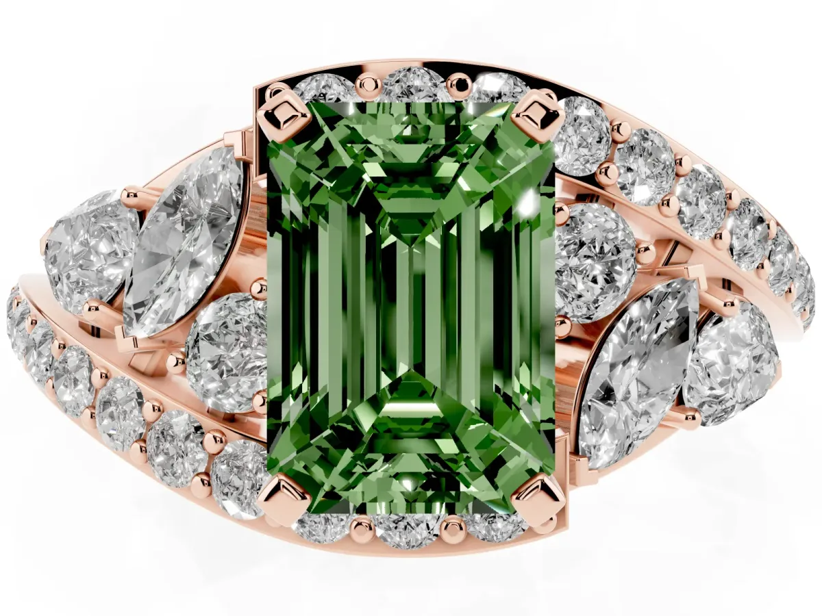 Fancy Green Emerald Cut Diamond Halo Ring with Marquise and Pavé Band in Prong Setting Rose gold