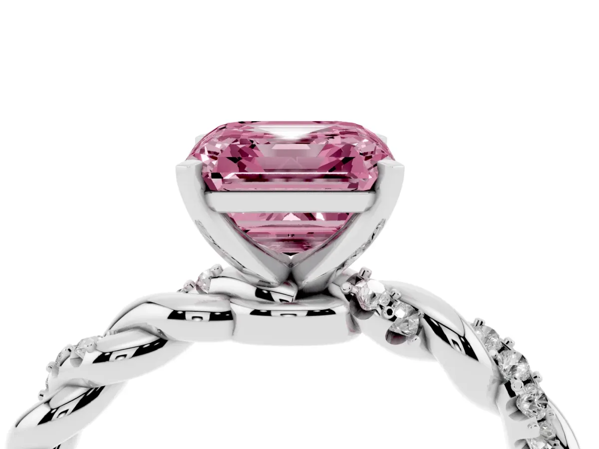 Fancy Pink Asscher Cut Diamond Solitaire Ring with Twisted Band and Pavé Accents Silver