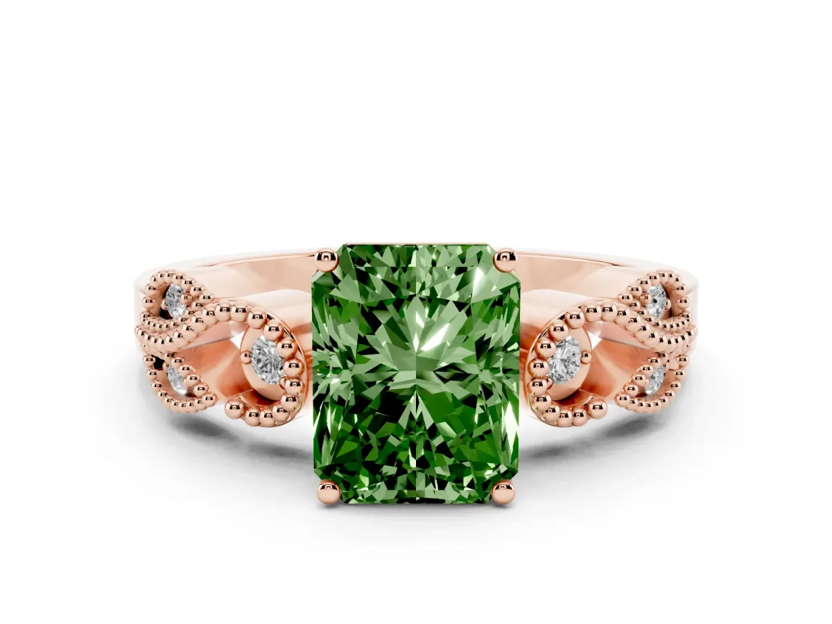 Fancy Green Radiant Cut Solitaire Milgrain Leaf Band with Prong Setting Rose gold