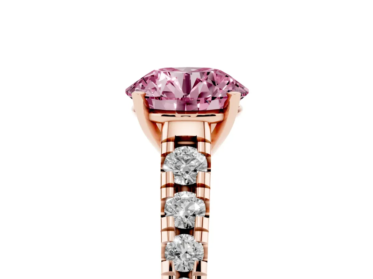 Fancy Pink Round Cut Diamond Cathedral Solitaire Ring with Round Pavé Band Rose gold