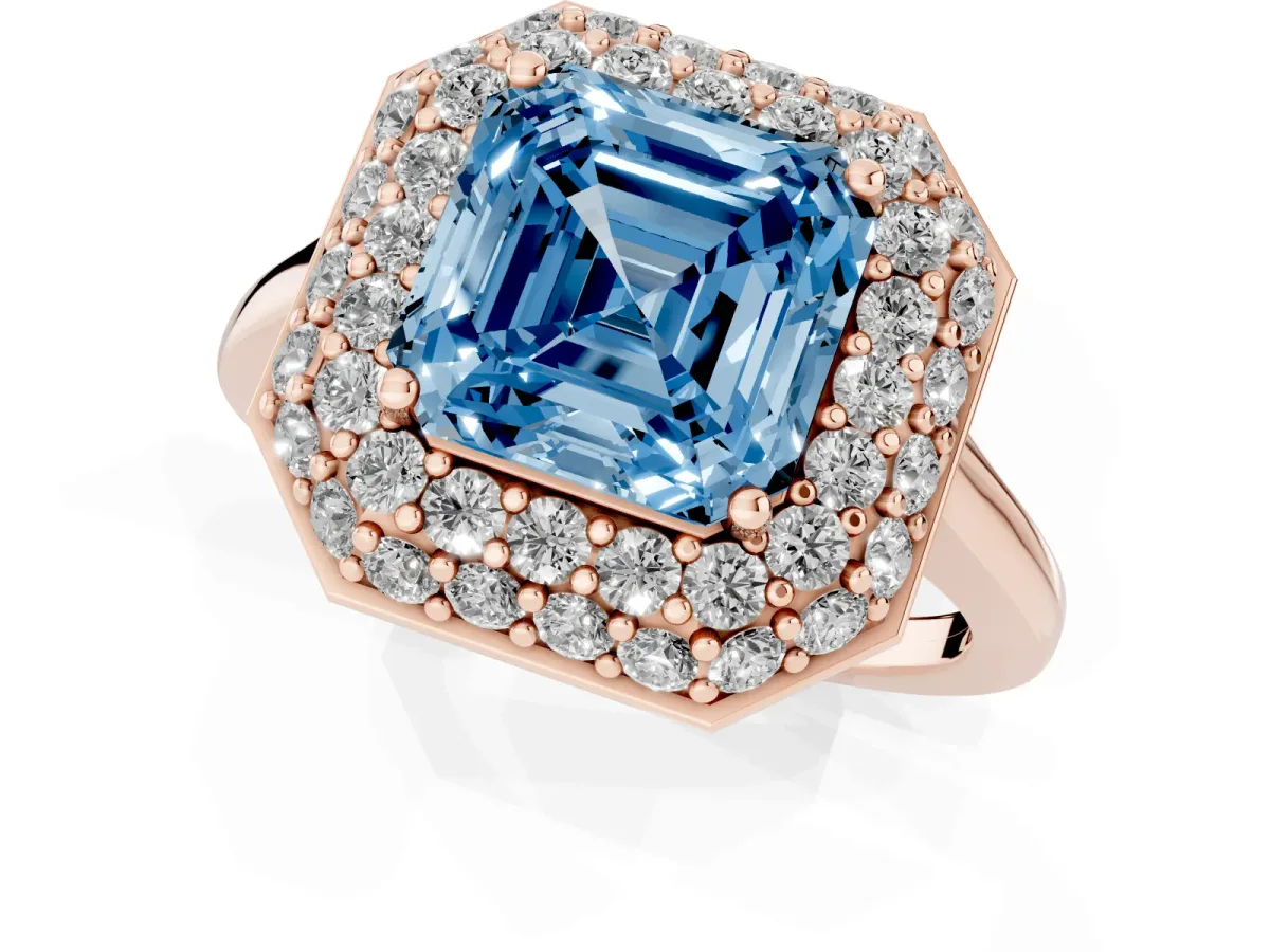 Fancy Blue Asscher Cut Halo Diamond Engagement Ring with Solitaire Band and Four-Prong Setting Rose gold