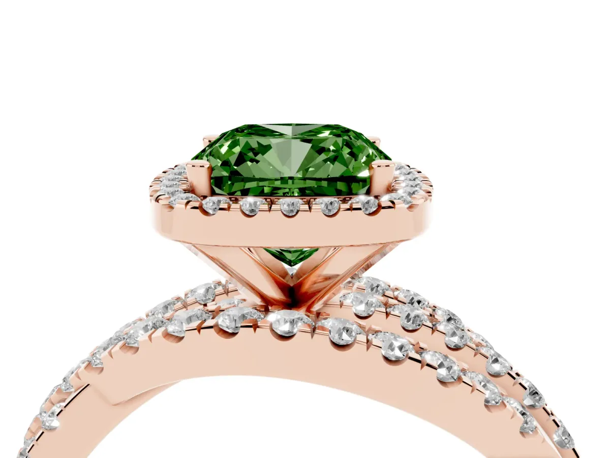 Fancy Green Cushion Cut Diamond Halo Ring with Round Split Shank and Prong Setting Rose gold