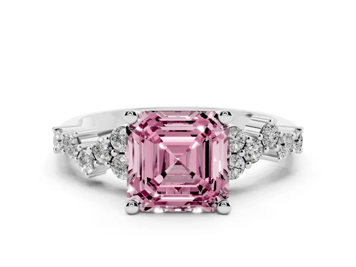 Fancy Pink Asscher Cut Diamond Scattered Round Accent Ring with Prong Setting White gold