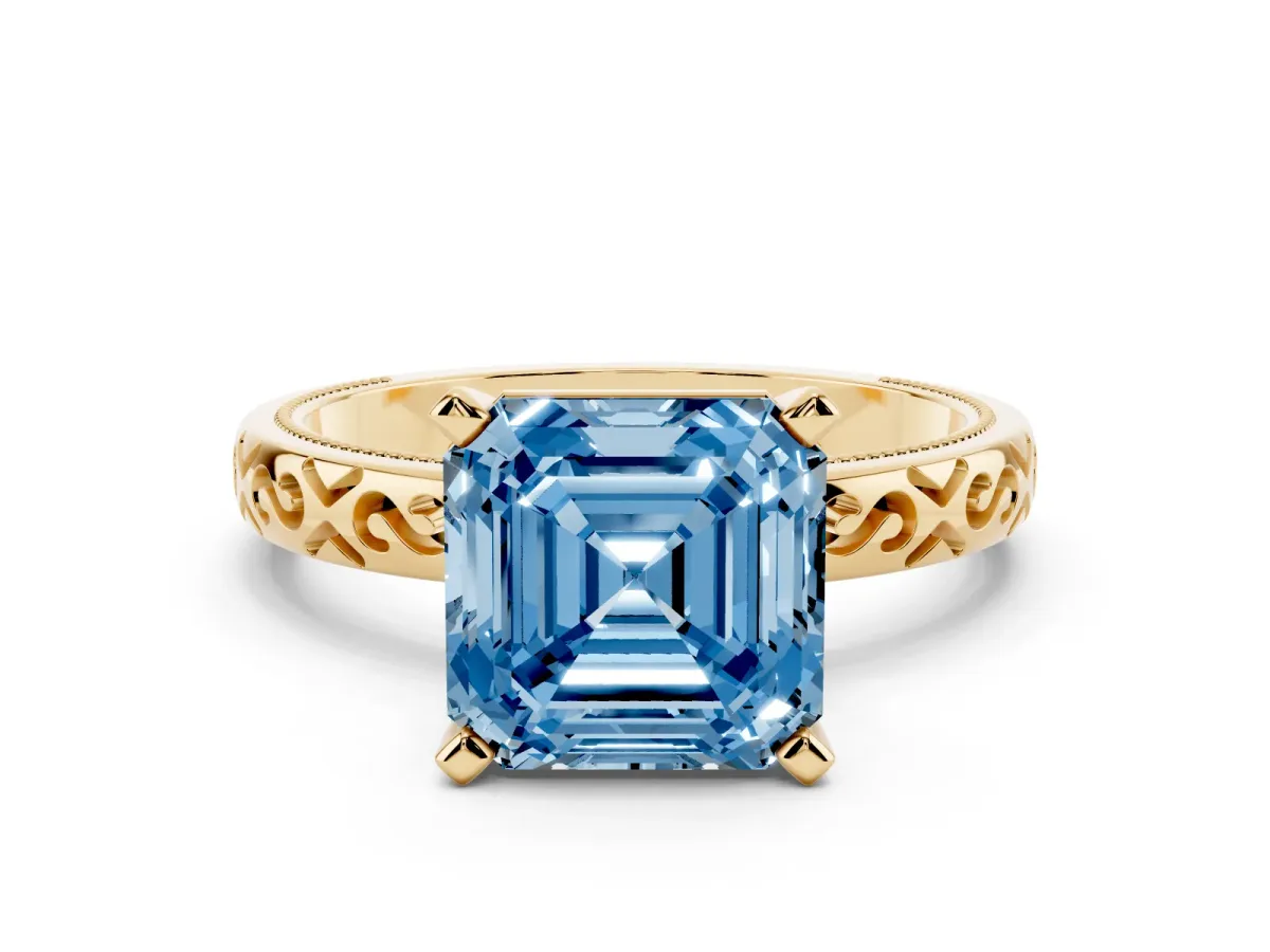 Fancy Blue Asscher Cut Solitaire Engagement Ring with Scrollwork Band and Four-Prong Setting Yellow gold