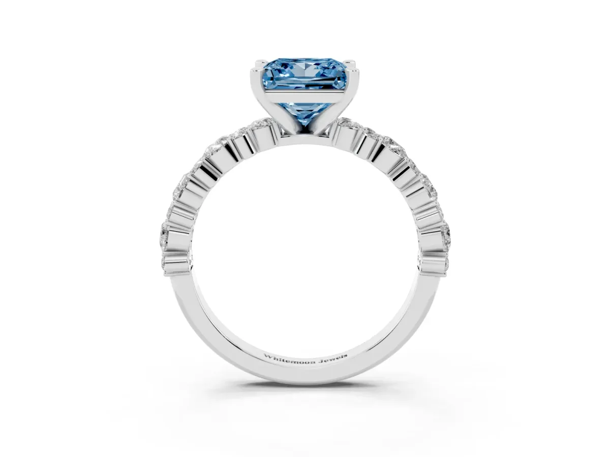 Fancy Blue Princess Cut Diamond Side Stone Solitaire Ring with Round and Four-Prong Setting Silver