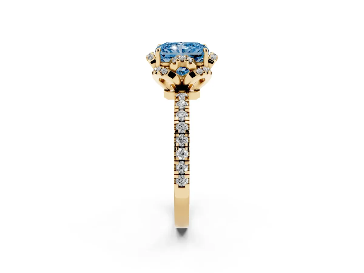 Fancy Blue Radiant Cut Halo Diamond Pave Band Ring with Four-Prong Setting Yellow gold