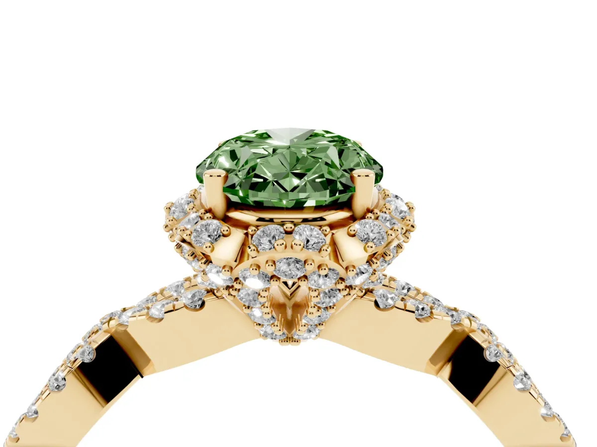 Fancy Green Oval Cut Halo Twist Band Solitaire Ring with Six-Prong Setting Yellow gold